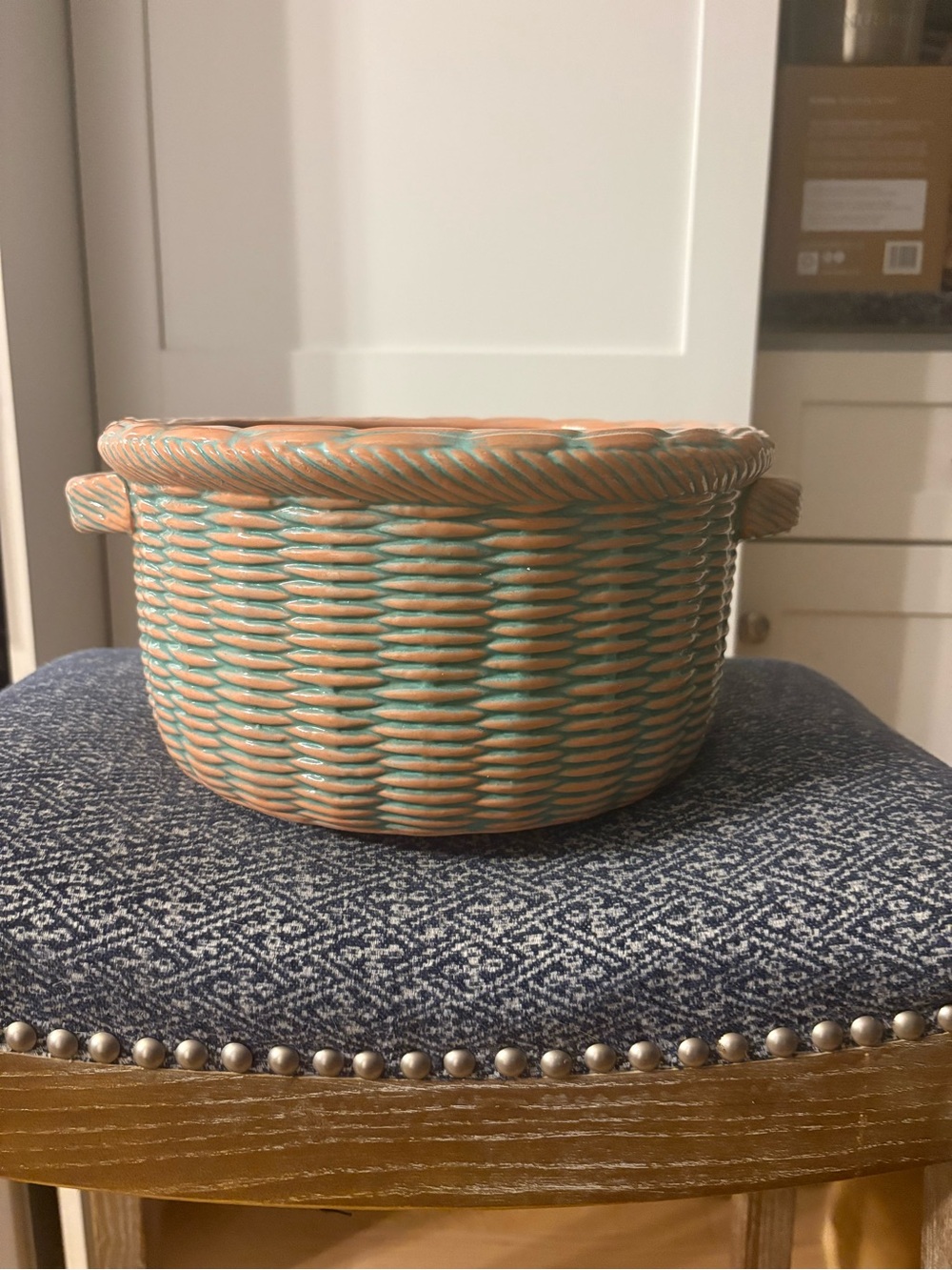 Peach & Aqua Glazed Baking Dish with Basketweave Design